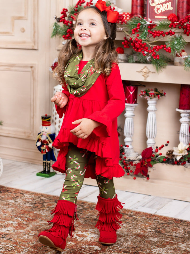 Toddler Winter Clothes | Candy Cane Print Tunic, Scarf, & Legging Set