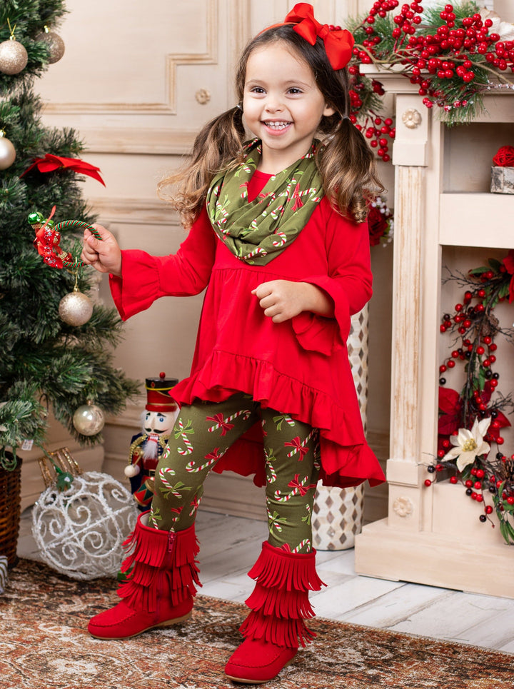 Toddler Winter Clothes | Candy Cane Print Tunic, Scarf, & Legging Set