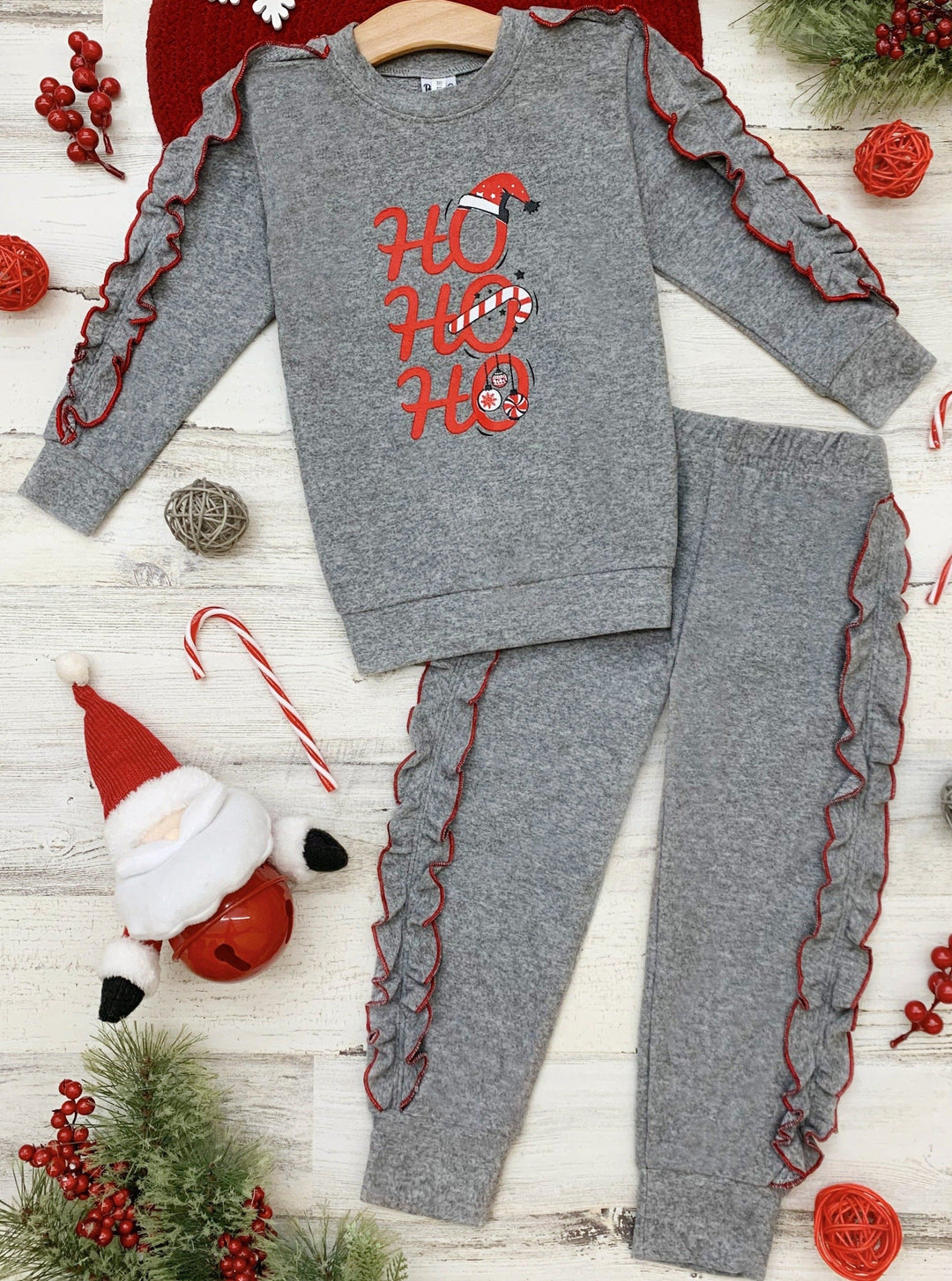 Cute Winter Sets | Girls Ho Ho Ho Holiday Ruffle Loungewear Set