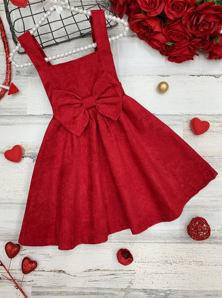Girls Microfiber Suede Bow Accent Overall Red Dress 2T-10Y