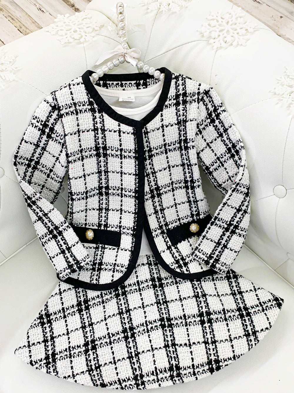 Girls Drop Waist Dress and Matching Hound's-tooth Faux Pocket Blazer Set