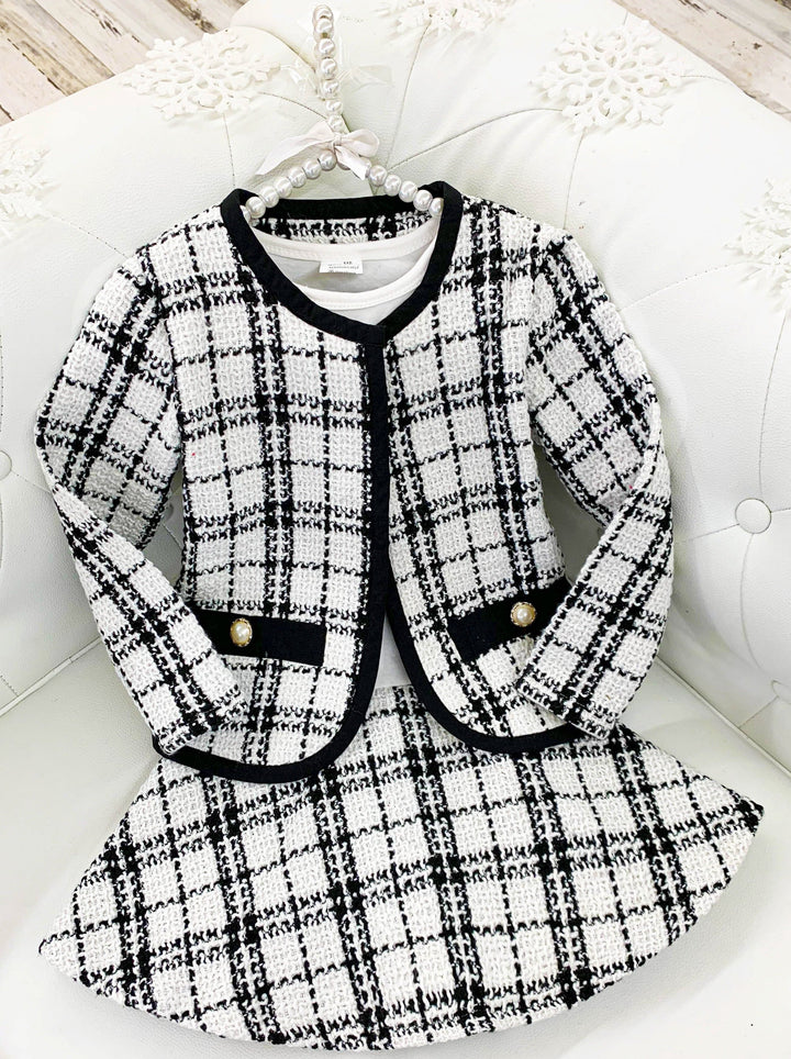 Girls Drop Waist Dress and Matching Hound's-tooth Faux Pocket Blazer Set