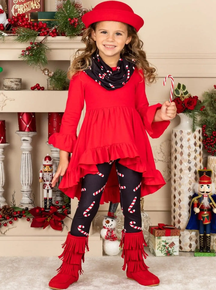 Cute Winter Sets | Girls Candy Cane Print Tunic, Scarf, & Legging Set