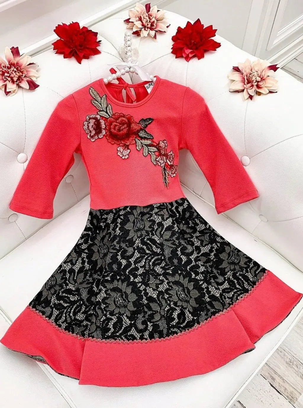 Winter Dressy Dresses | Girls 3/4 Sleeve Floral Embroidered Lace Dress