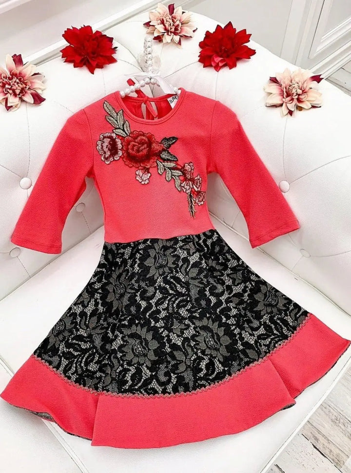 Winter Dressy Dresses | Girls 3/4 Sleeve Floral Embroidered Lace Dress