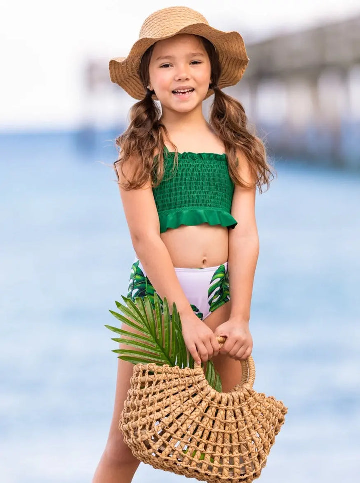 Kids Swimsuit | Girls Tropical Smocked High Waisted Two-Piece Swimsuit