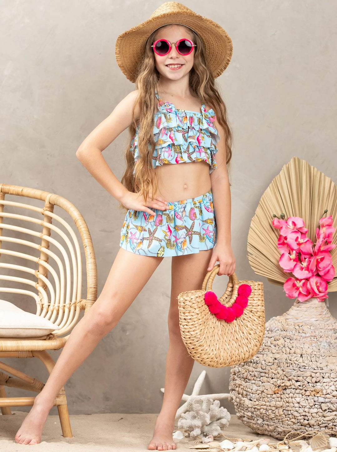 Girls Seaside Seashell Ruffled Two Piece Swimsuit