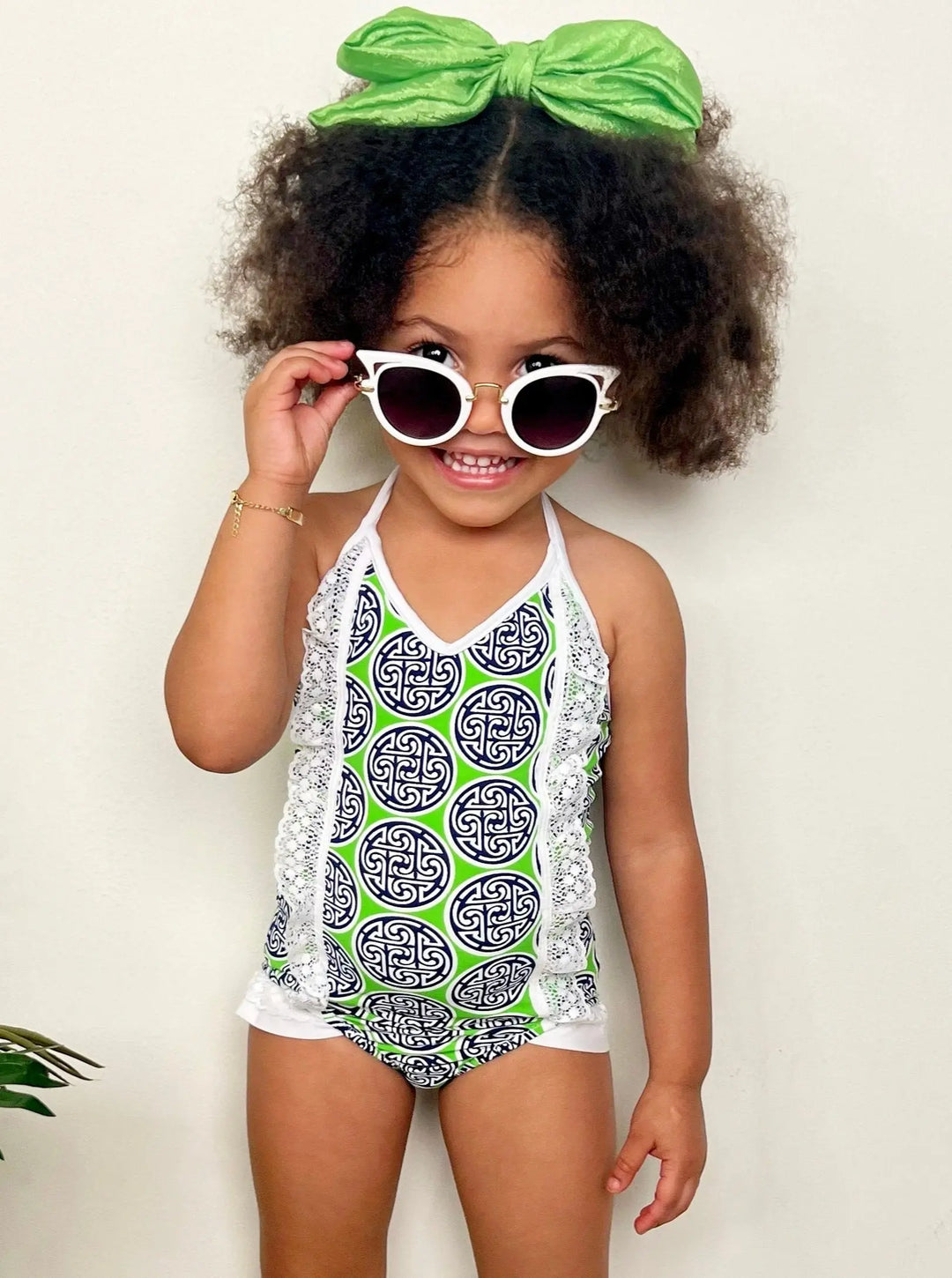 One Piece Girls Swimsuit | Medallion Print Lace Ruffled Swimsuit