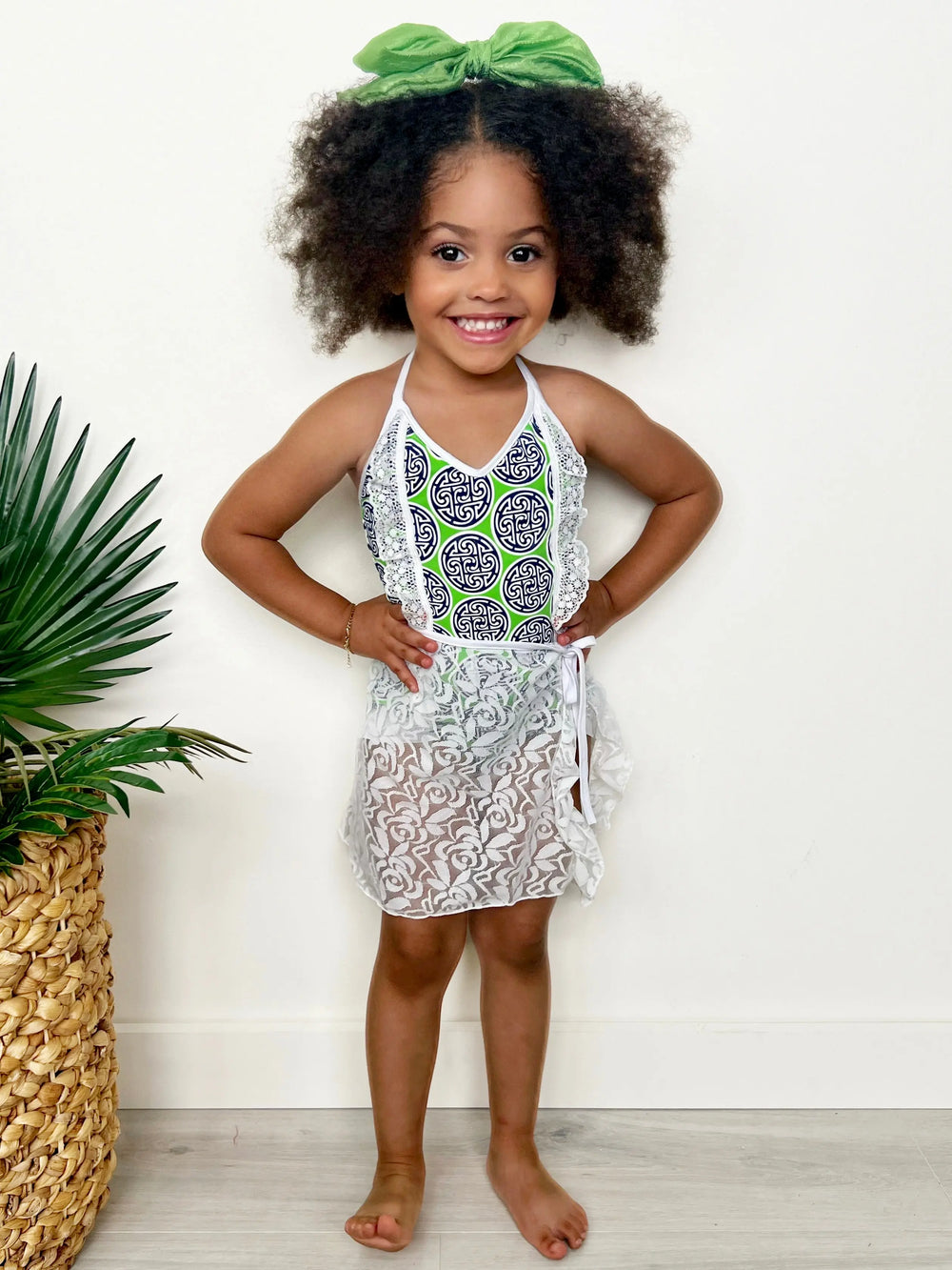 One Piece Girls Swimsuit | Medallion Print Lace Ruffled Swimsuit