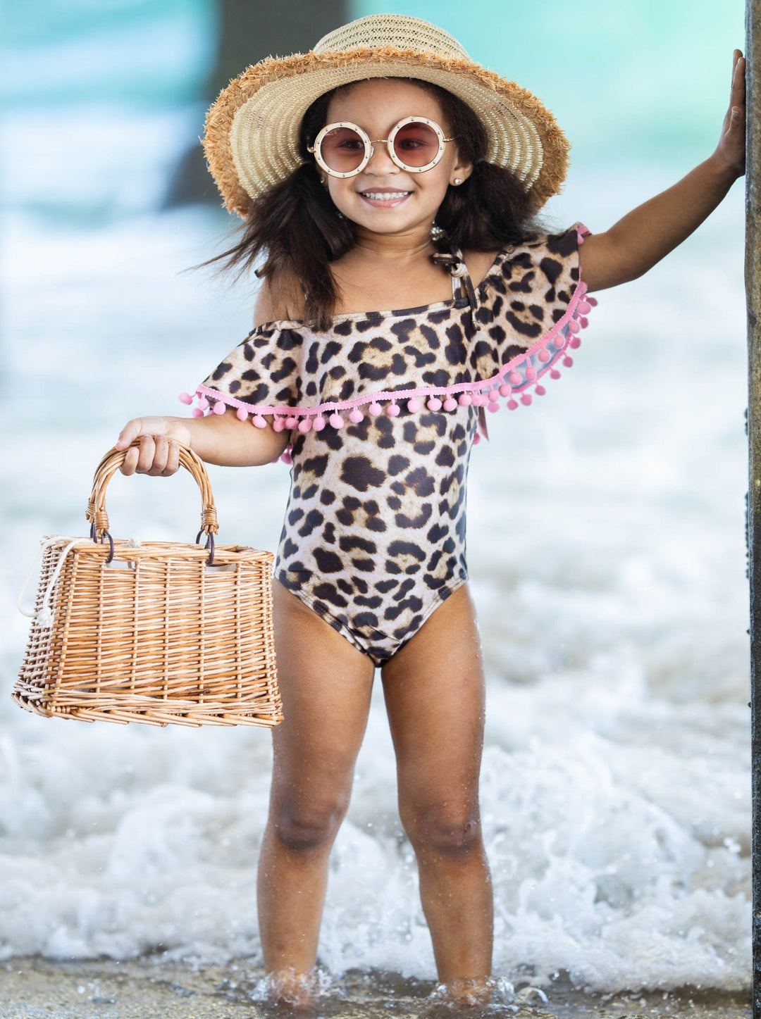 Mia Belle Girls Swimwear | Off Shoulder Pom Pom One Piece Swimsuit