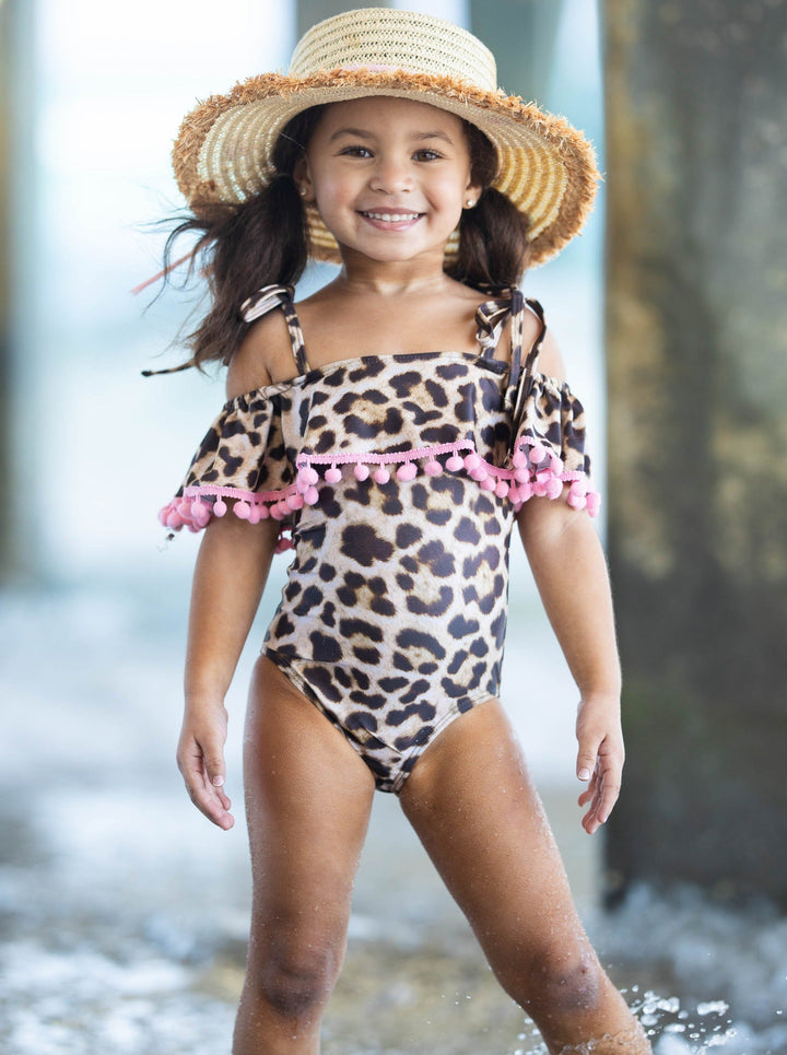 Mia Belle Girls Swimwear | Off Shoulder Pom Pom One Piece Swimsuit