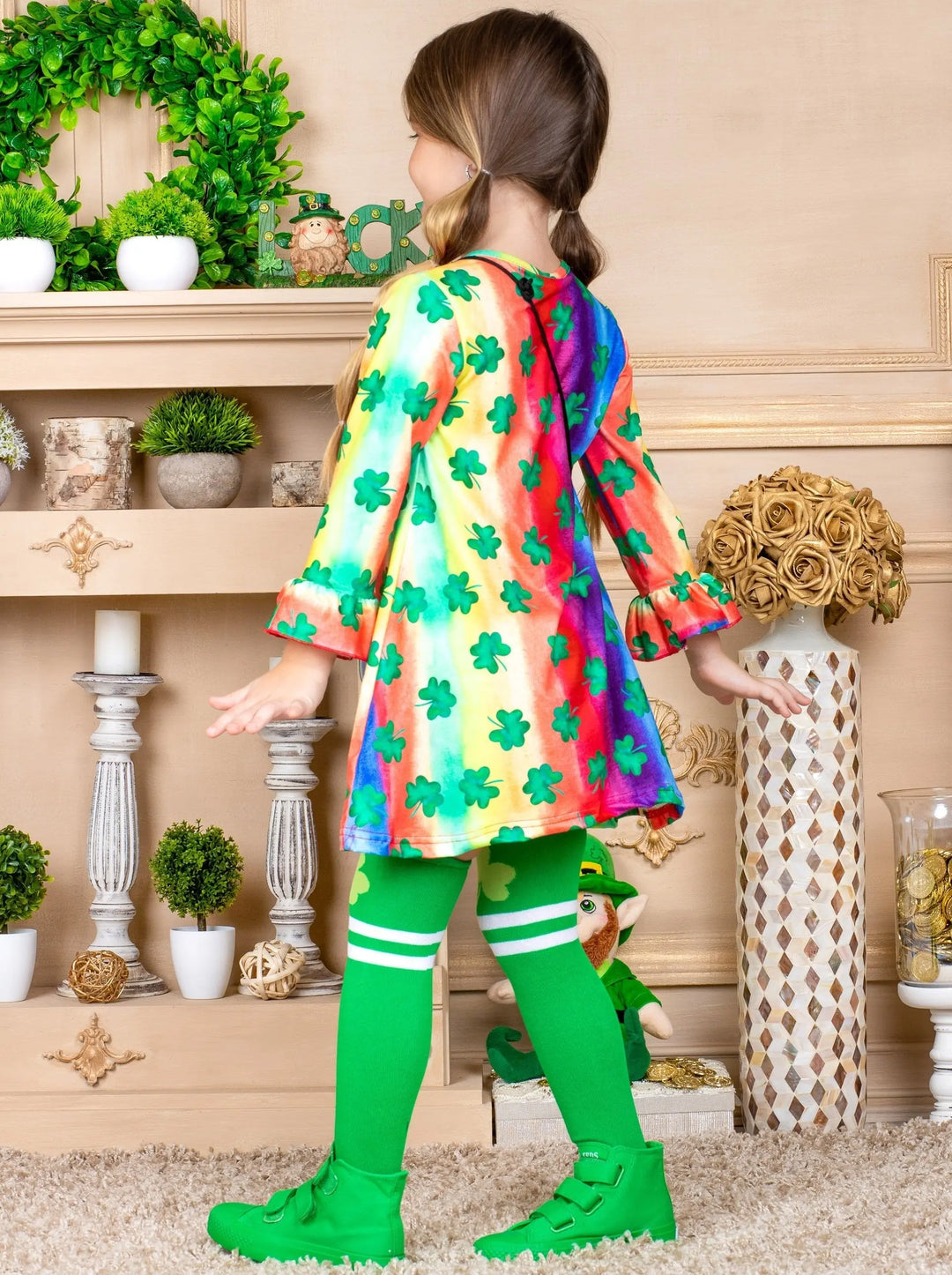 Girls "Clover" Rainbow Print Dress, Purse and Socks Set 2T-10T St Patricks day