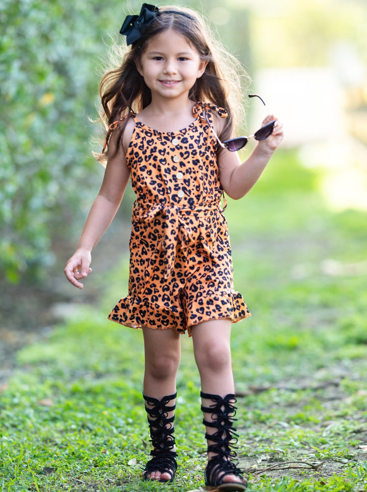 Toddler Spring Outfits | Girls Leopard Drawstring Waist Ruffled Romper
