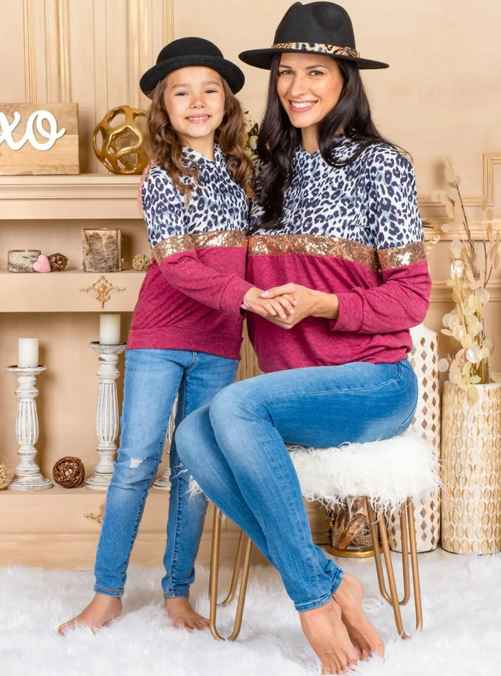 Mommy & Me Cute Tops | Colorblock Animal Print Sequin Hooded Tops