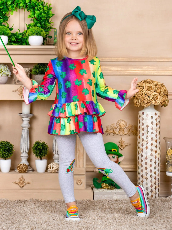 St. Patrick's Day Clothes | Girls Rainbow Clover Tunic & Legging Set