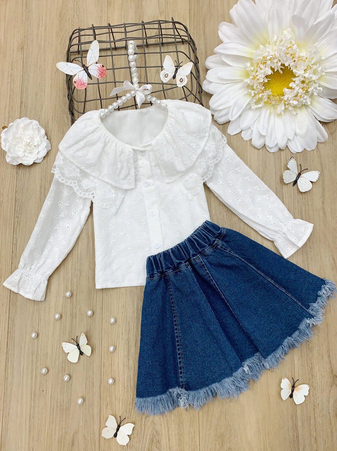 Girls Long Sleeved Collared Top and Denim Skirt Set White 2T-10Y