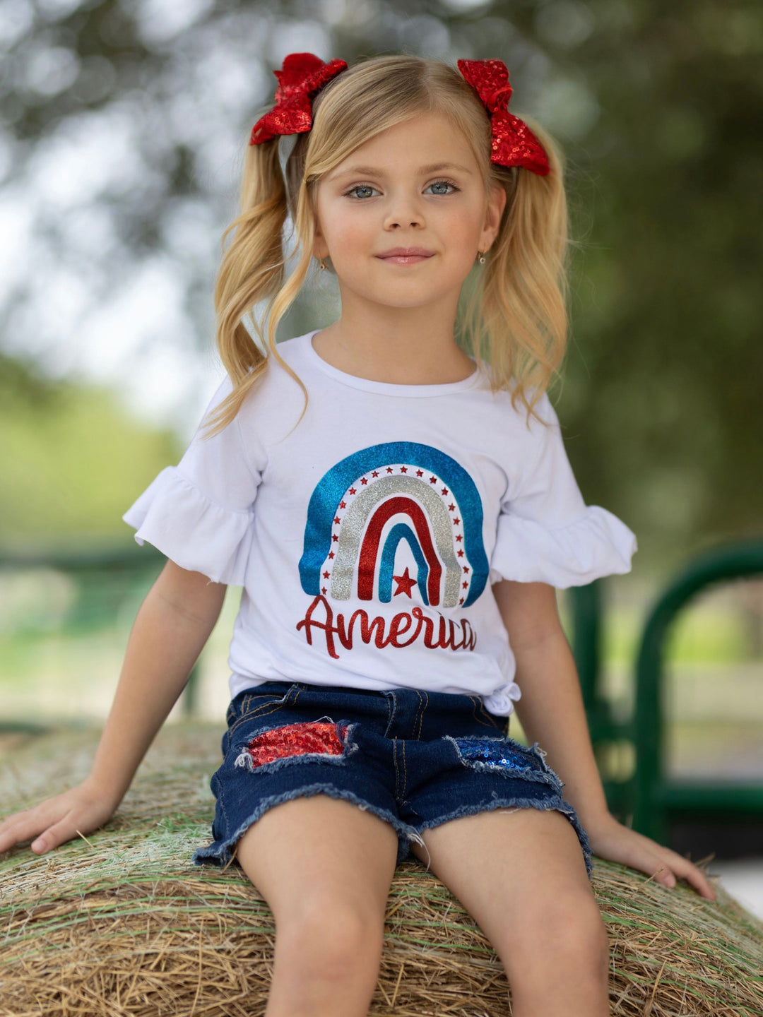 Girls 4th of July Sets | America Rainbow Top & Sequin Denim Shorts Set