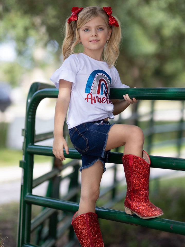 Girls 4th of July Sets | America Rainbow Top & Sequin Denim Shorts Set