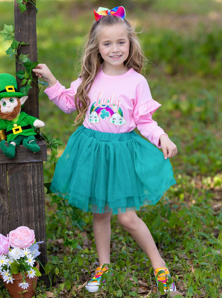 St. Patrick's Day Clothes | Girls Lucky Rainbow Ruffle Top & Tutu Set
