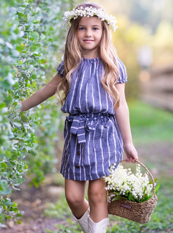 Toddler Spring Outfits | Girls Striped Puff Sleeve Top & Skirt Set