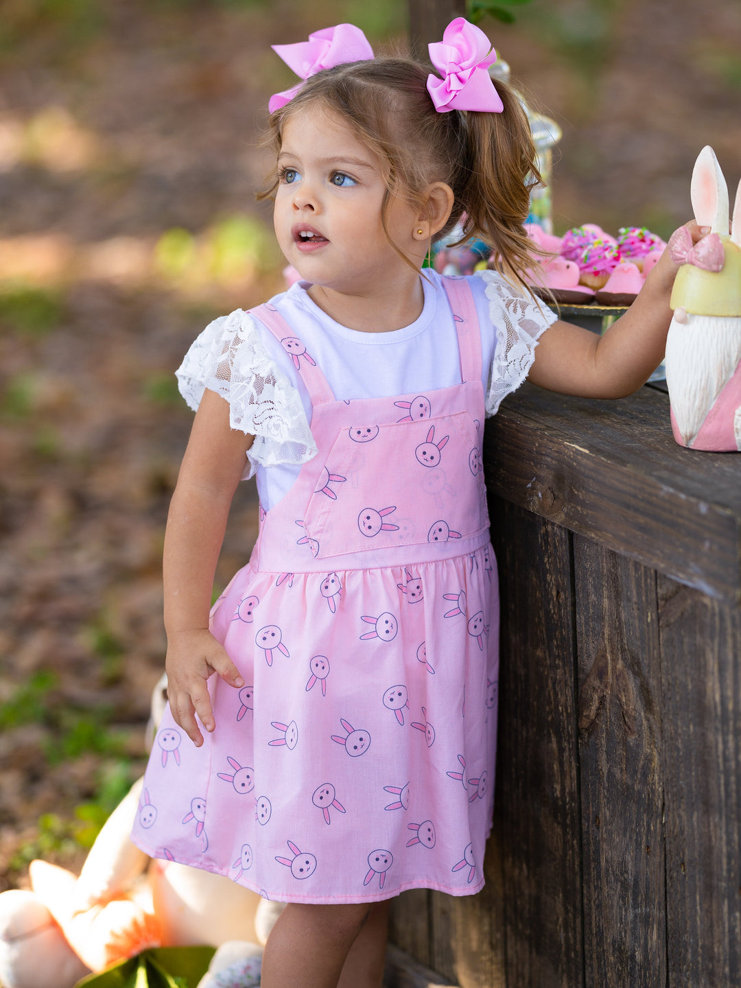 Bunny Hop Lace Overall Dress Set – Mia Belle Girls Bunny Hop Lace Overall Dress Set – Mia Belle Girls