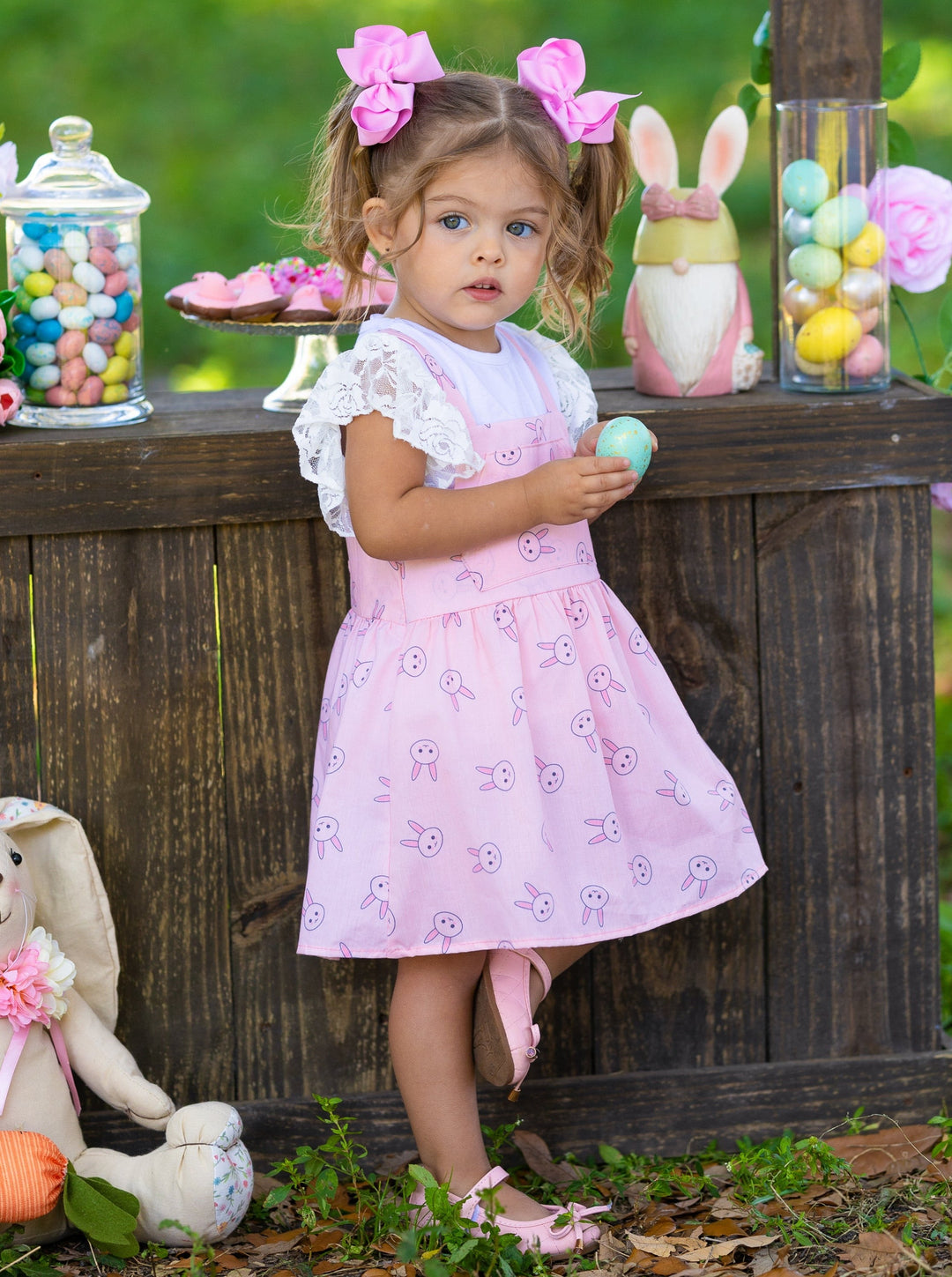 pink overall dress Bunny Hop Lace Overall Dress Set – Mia Belle Girls