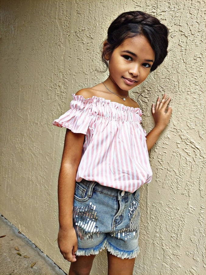 Toddler Spring Outfit | Girls Striped Top & Sequin Denim Short Set