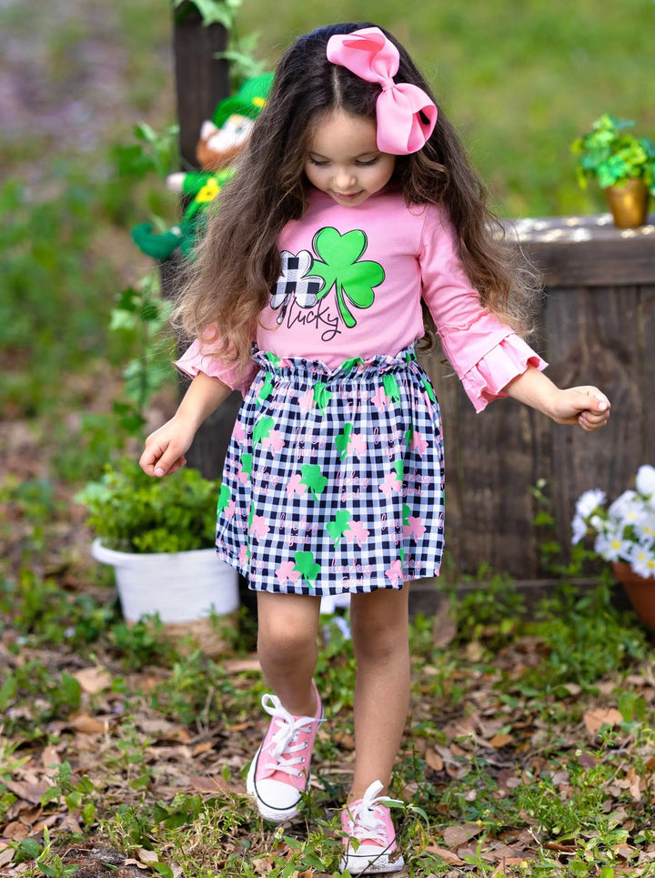 St. Patrick's Day Clothes | Girls Ruffled Top & Plaid Clover Skirt Set