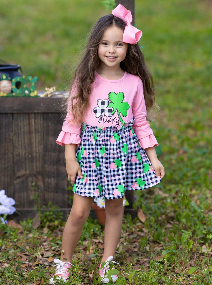 St. Patrick's Day Clothes | Girls Ruffled Top & Plaid Clover Skirt Set