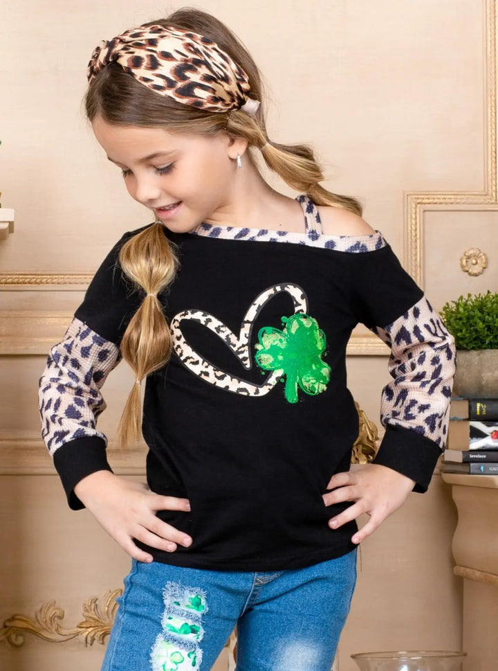 St. Patrick's Day Clothes | Girls Clover One Shoulder Long Sleeved Top