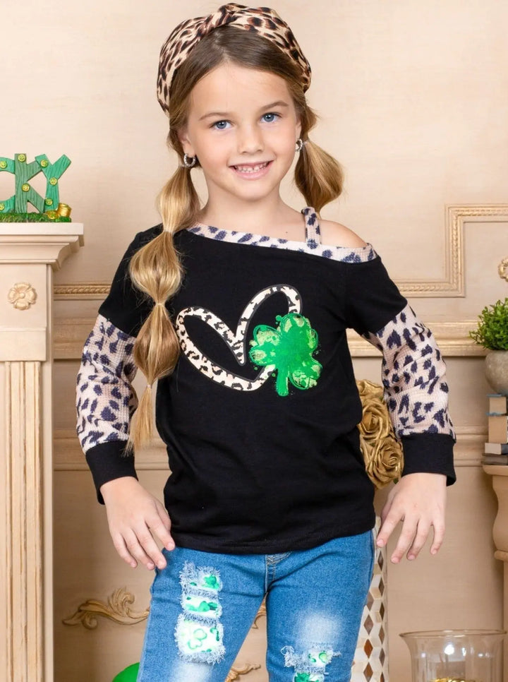 St. Patrick's Day Clothes | Girls Clover One Shoulder Long Sleeved Top