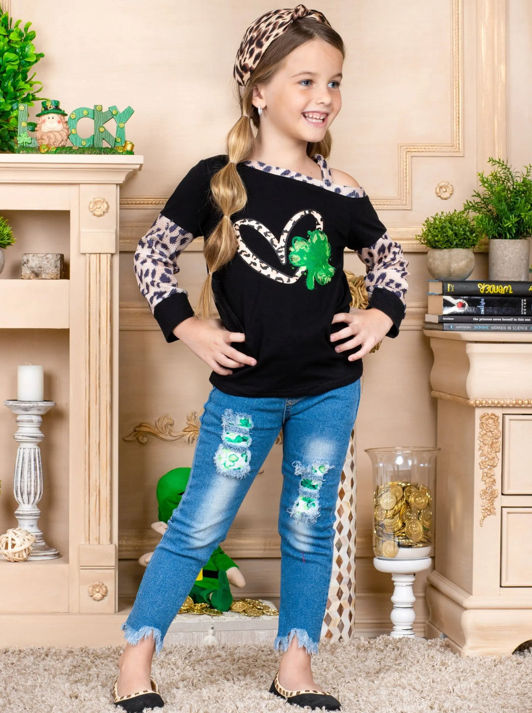 St. Patrick's Day Clothes | Girls Clover One Shoulder Long Sleeved Top