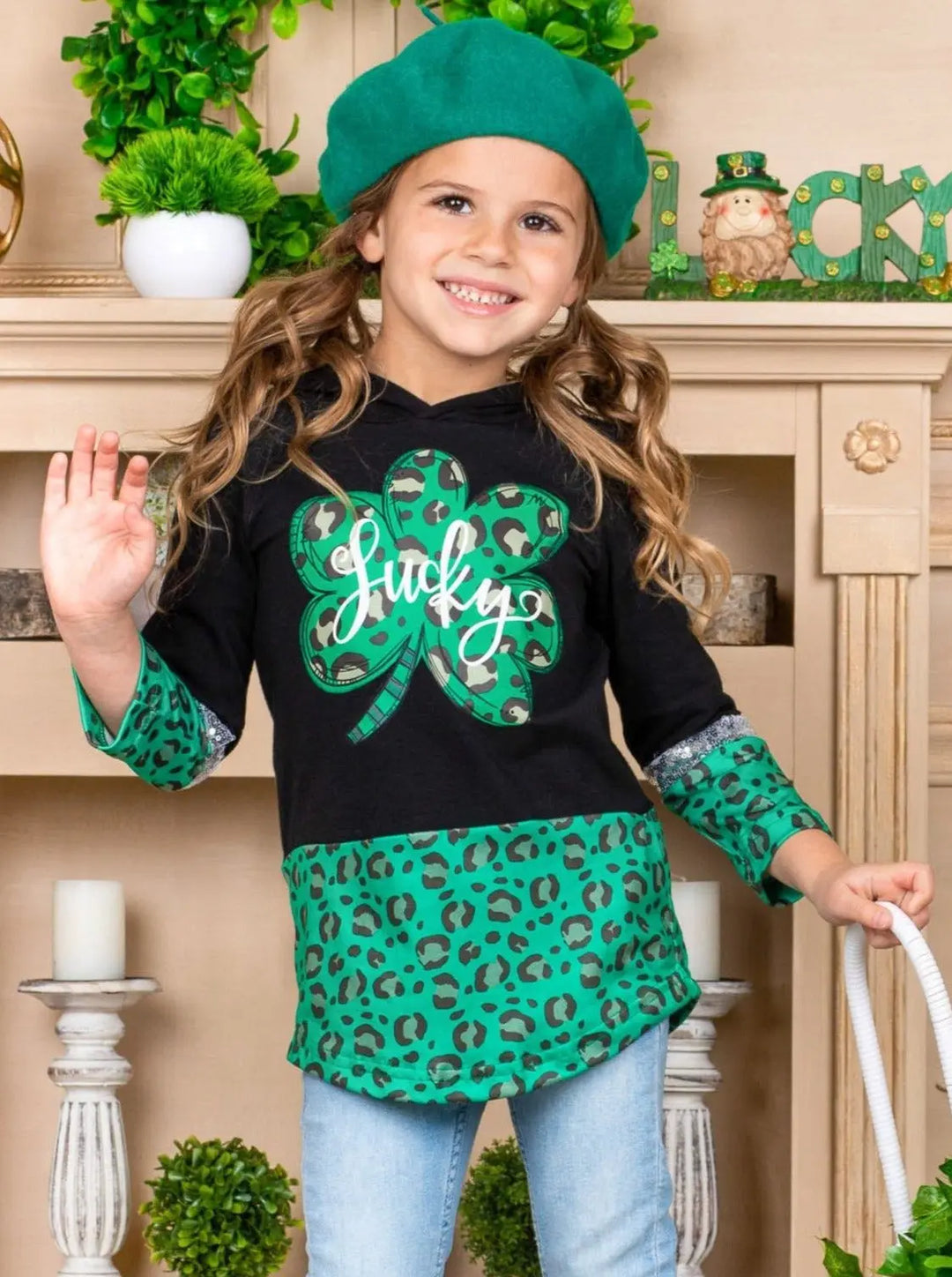 St. Patrick's Day Clothes | Girls Lucky Clover Leopard Print Hoodie