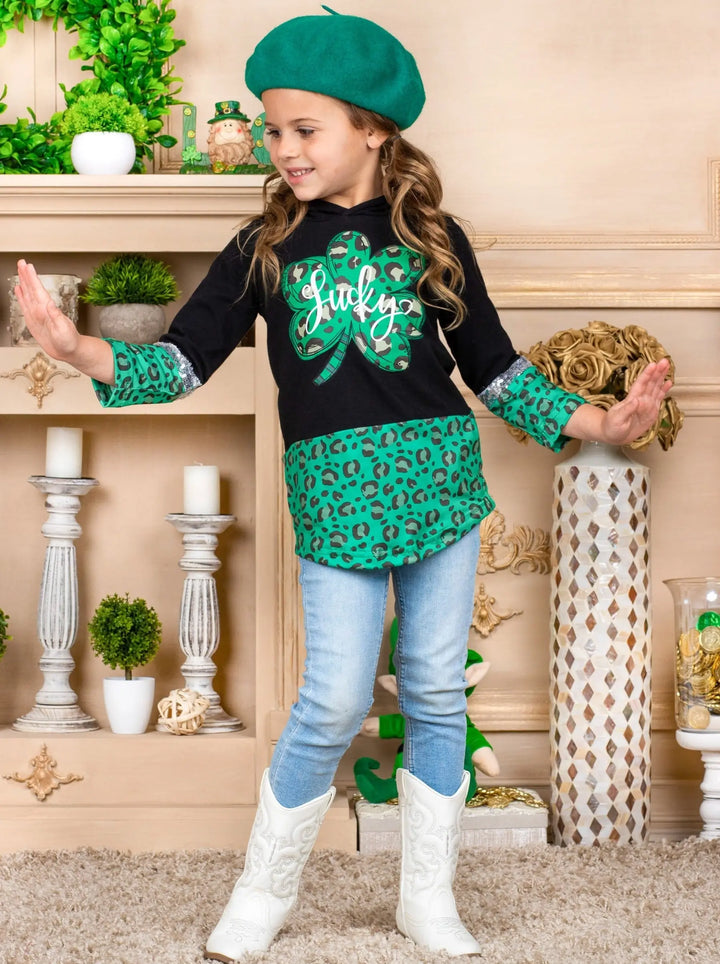 St. Patrick's Day Clothes | Girls Lucky Clover Leopard Print Hoodie