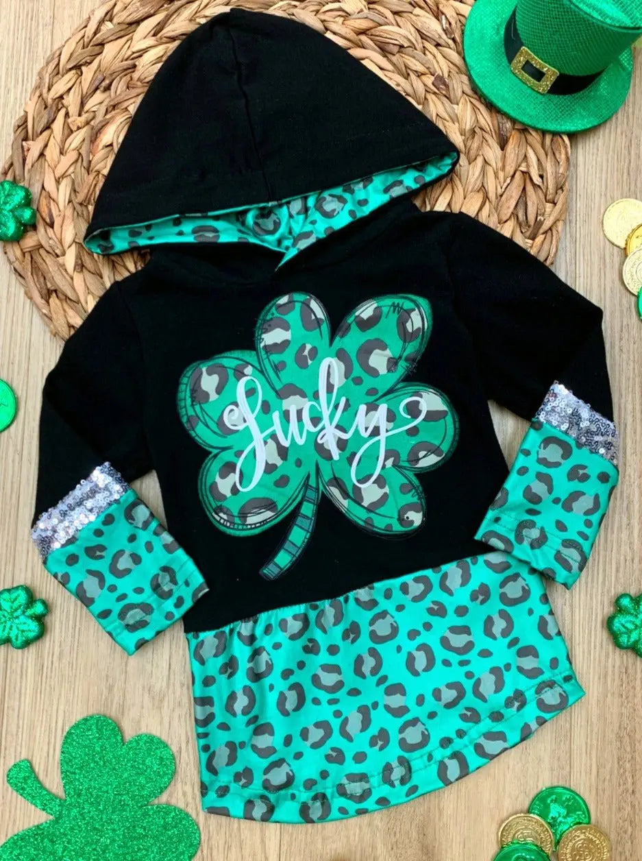 St. Patrick's Day Clothes | Girls Lucky Clover Leopard Print Hoodie