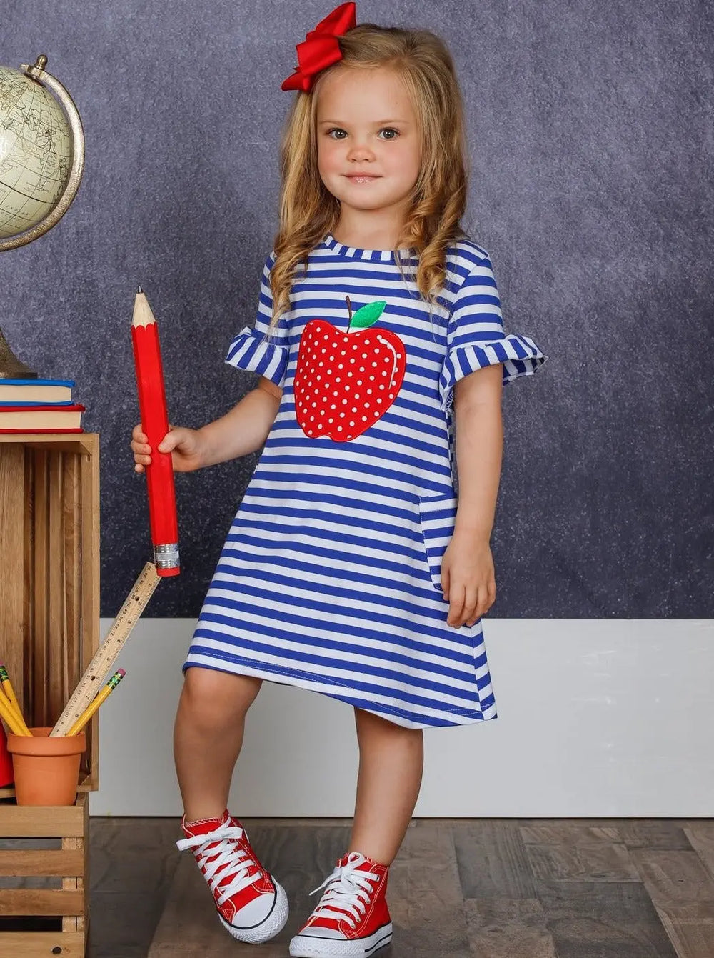 Girls Back To School Dresses | Striped Apple Dress | Mia Belle Girls