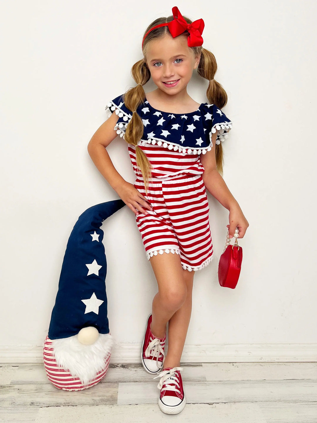 Mia Belle Girls US Flag Pom Pom Romper | 4th of July Outfit 