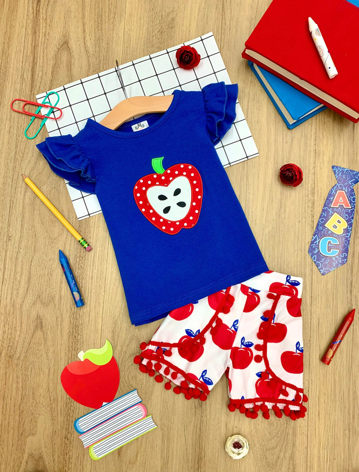First Day of School | Apple Top & Pom Pom Short Set  | Mia Belle Girls