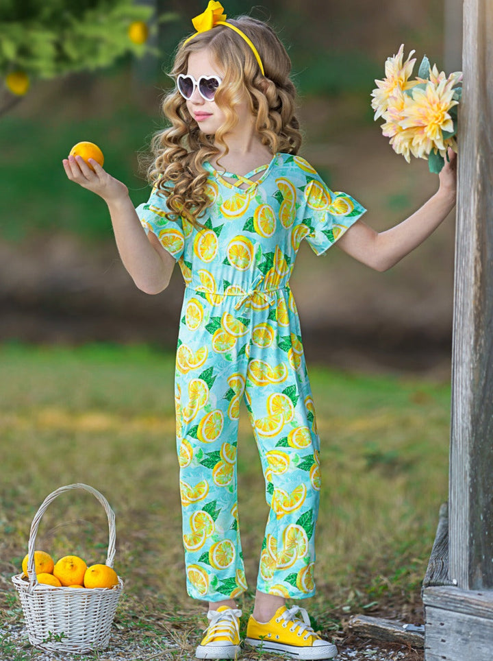 Cute Toddler Outfit | Little Girls Spring Lemon Ruffle Sleeve Jumpsuit