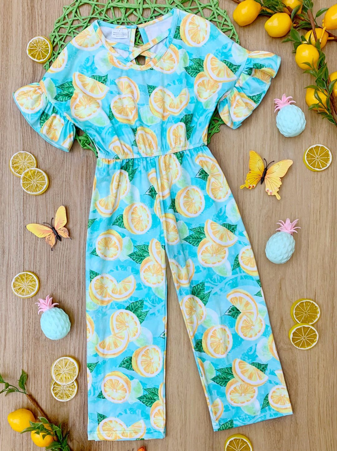 Cute Toddler Outfit | Little Girls Spring Lemon Ruffle Sleeve Jumpsuit