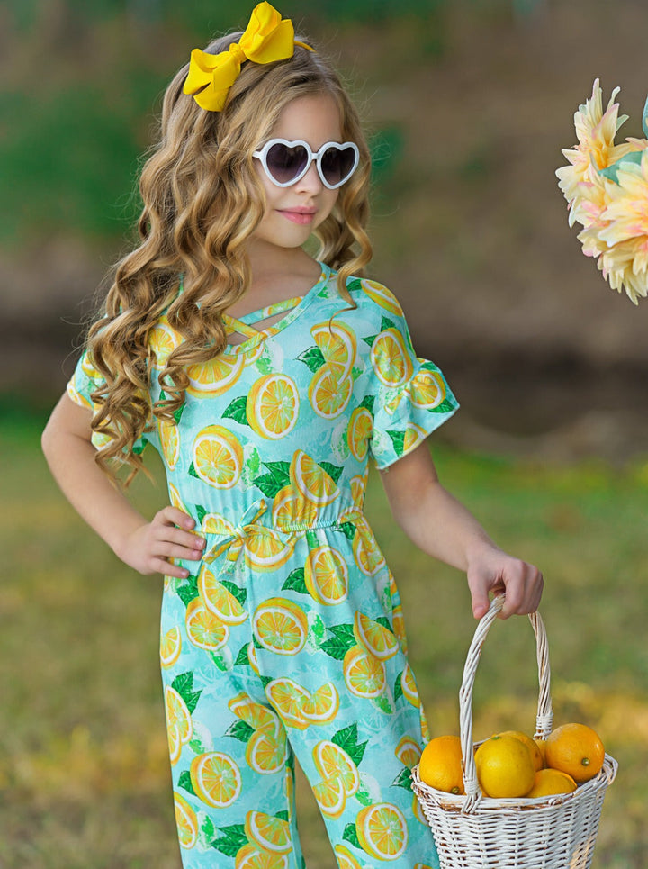 Cute Toddler Outfit | Little Girls Spring Lemon Ruffle Sleeve Jumpsuit