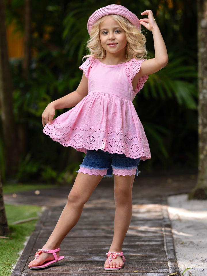 Little Miss Sunshine Top and Denim Shorts Set Mia Belle Girls