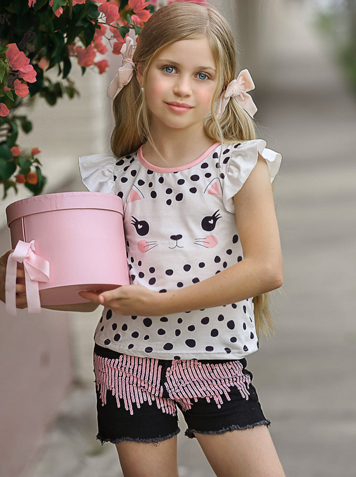 Toddler Outfit | Girls Polka Dot Cat Top & Sequin Denim Shorts Set