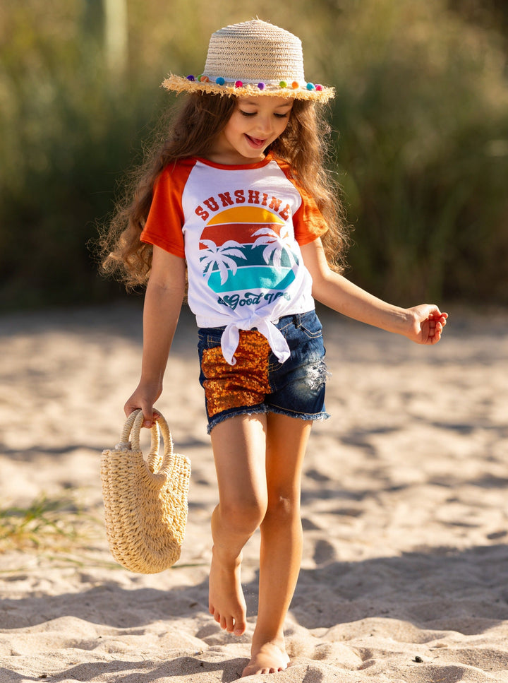 Girls Spring Outfits | Raglan Knot Hem Top & Patched Denim Short Set