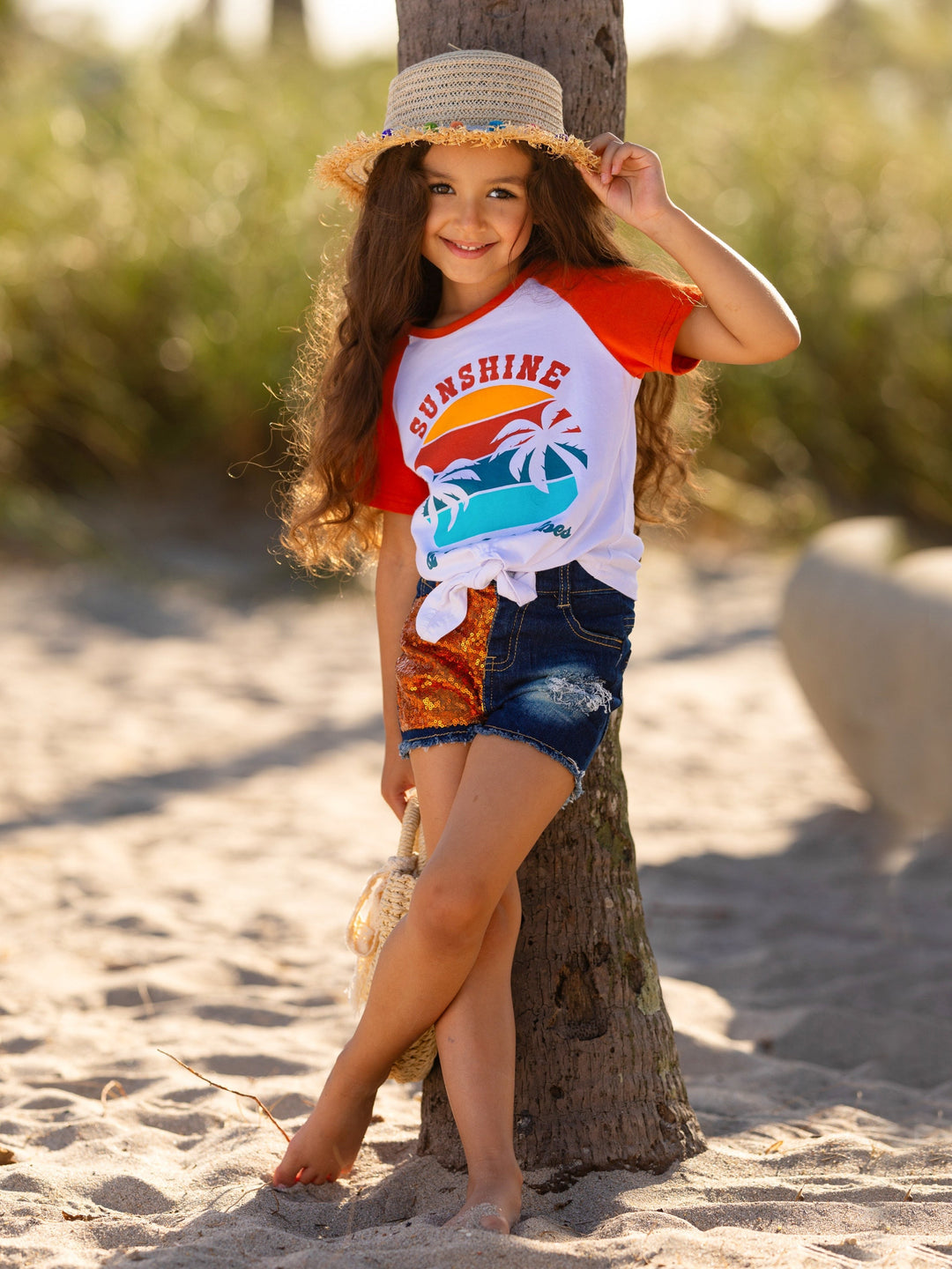 Girls Spring Outfits | Raglan Knot Hem Top & Patched Denim Short Set