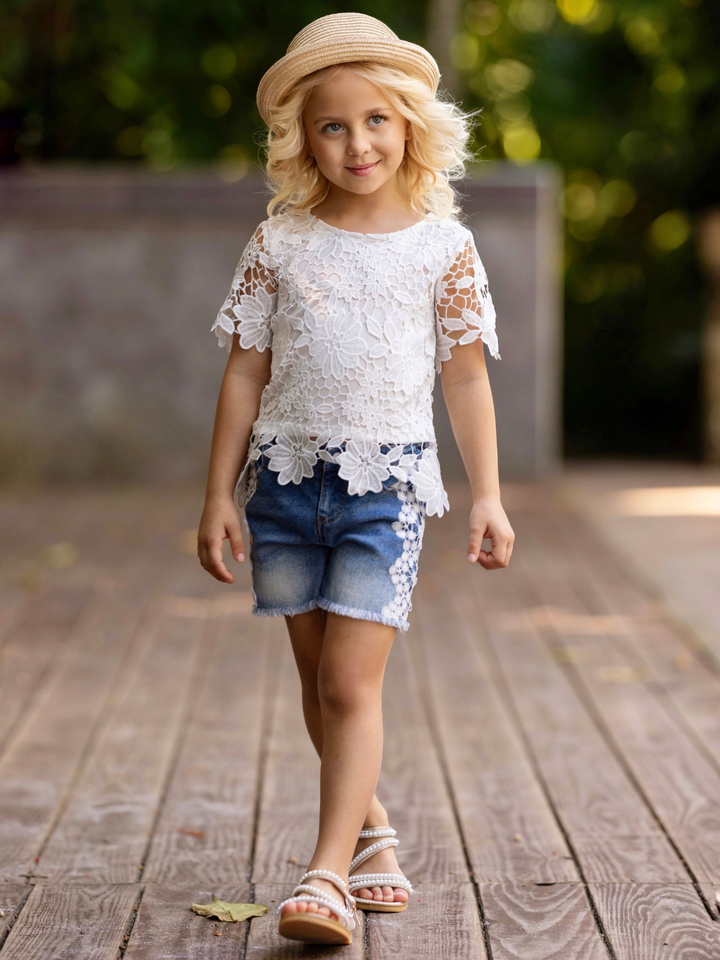 Lovely In Lace White Top and Denim Short Set Mia Belle Girls