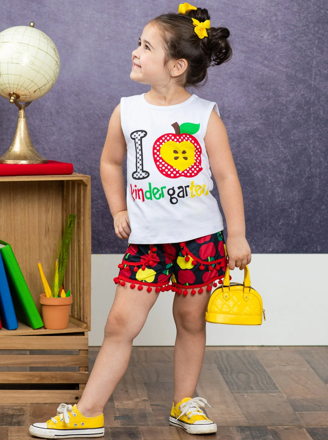 First Day of School | Kindergarten Pom Pom Short Set | Mia Belle Girls