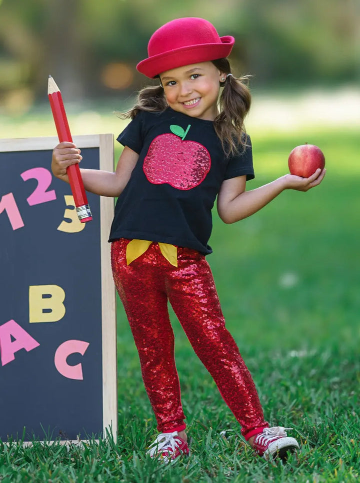 First Day of School | Sequin Apple Top & Legging Set | Mia Belle Girls