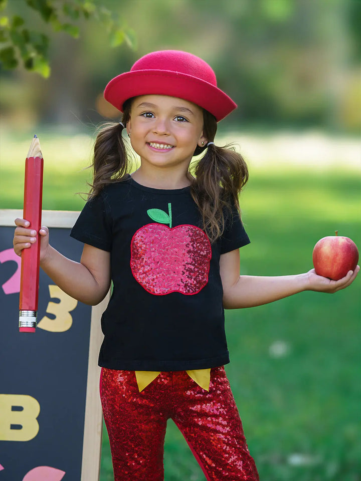 First Day of School | Sequin Apple Top & Legging Set | Mia Belle Girls
