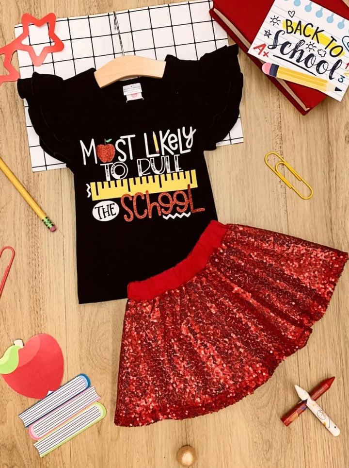 Girls 1st Day of School "Most Likely to Rule the School" Printed Flutter Sleeve Top and Sequin Skirt Set Mia Belle Girls